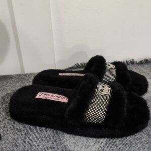 Juicy Couture Black Faux Fur Bling Slippers Rhinestone Crown Slides Small 5-6